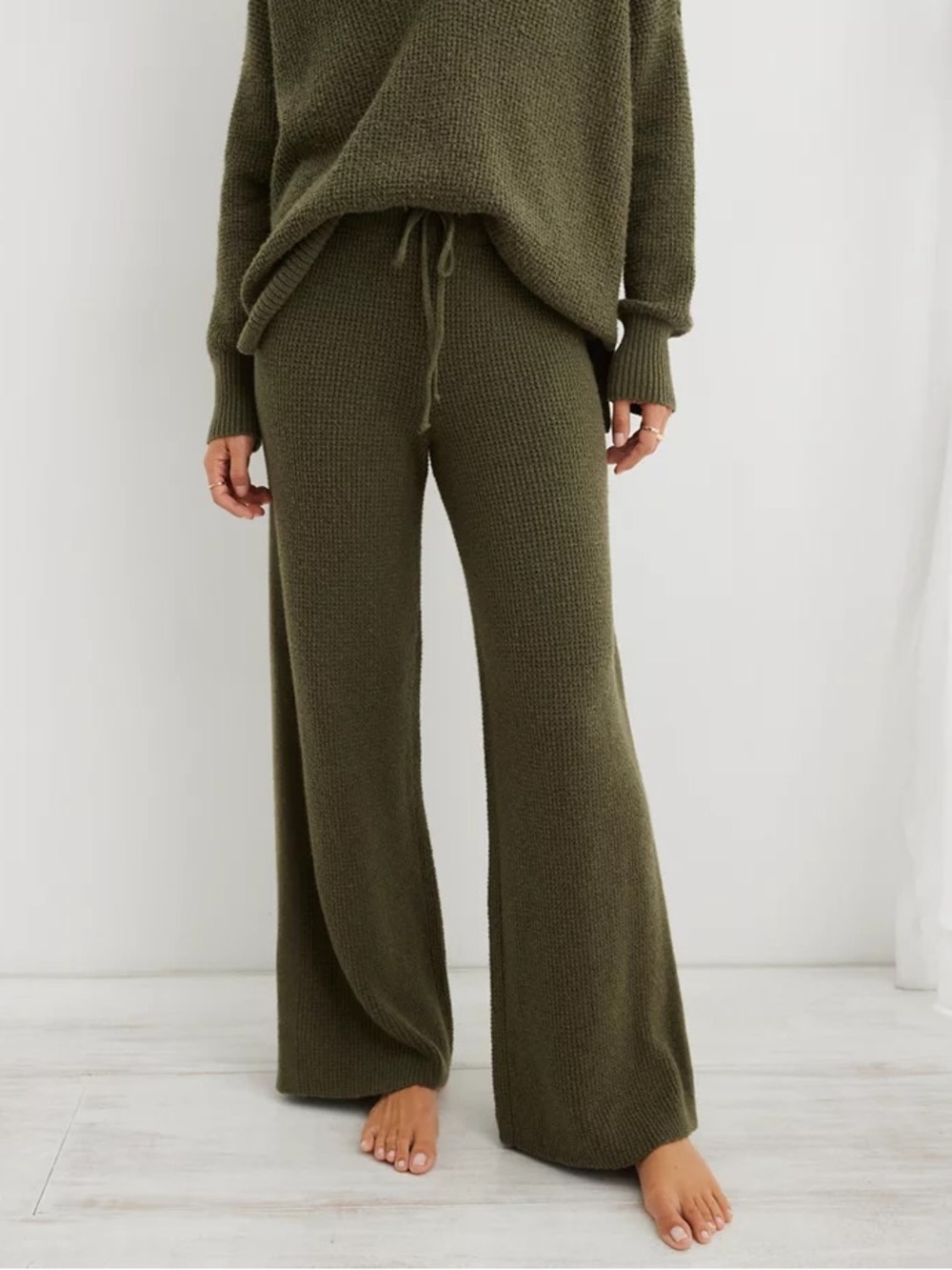 Aerie CozyUp Waffle Knit Oversized Skater Pants Olive Green Women's Size L